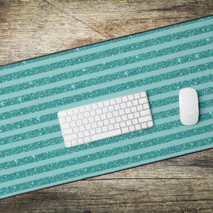 Teal Green Glitter Style Horizontal Stripes Desk Mat