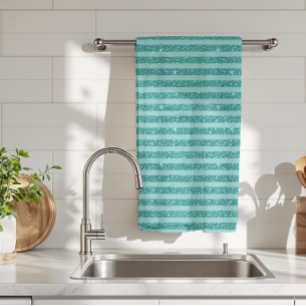 Teal Green Glitter Style Horizontal Stripes Kitchen Towel