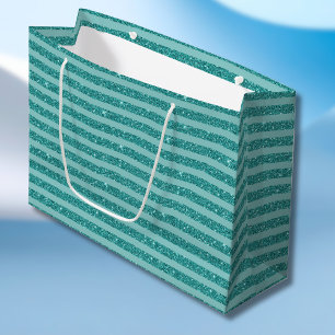 Teal Green Glitter Style Horizontal Stripes Large Gift Bag