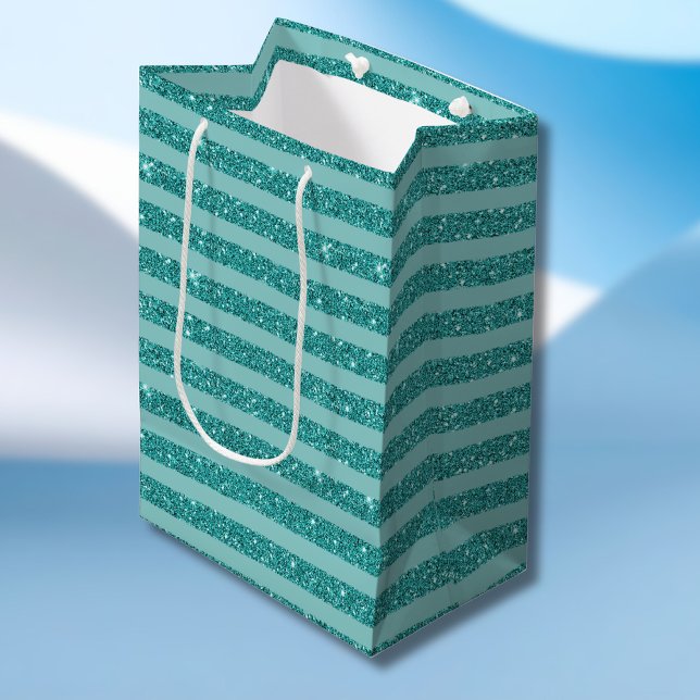 Teal Green Glitter Style Horizontal Stripes Medium Gift Bag (Creator Uploaded)