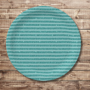 Teal Green Glitter Style Horizontal Stripes Paper Plates