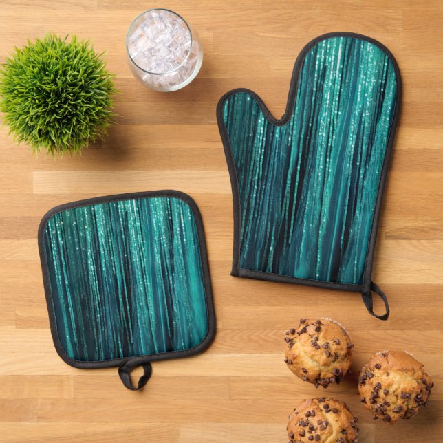 Teal Green Glitzy Glam Tinsel Stripes  Oven Mitt & Pot Holder Set (Top Down)