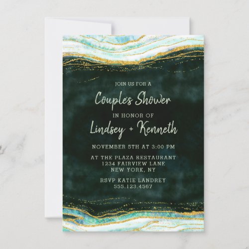 Teal Green  Gold Agate Couples Wedding Shower Invitation