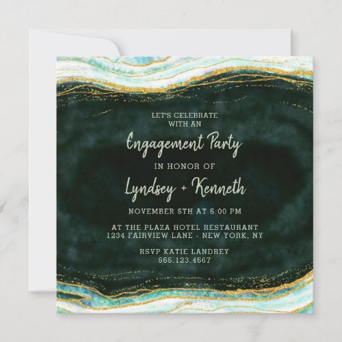 Teal Green  Gold Agate Geode Engagement Party Invitation