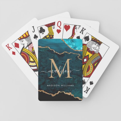 Teal Green Gold Agate Geode Glitter Monogram Playing Cards