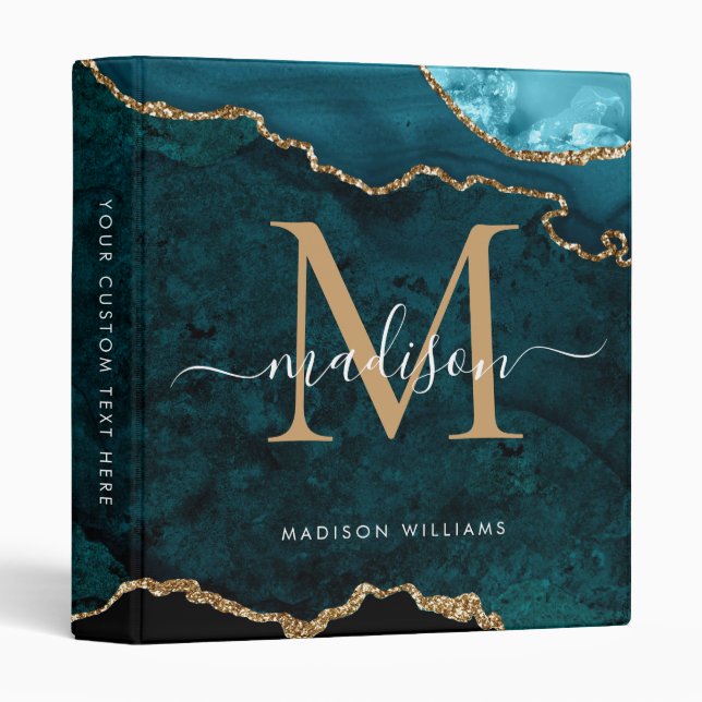 Teal Green Gold Agate Geode Monogram School Office 3 Ring Binder (Front/Spine)