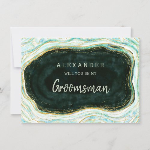 Teal Green  Gold Agate Groomsman Proposal Card