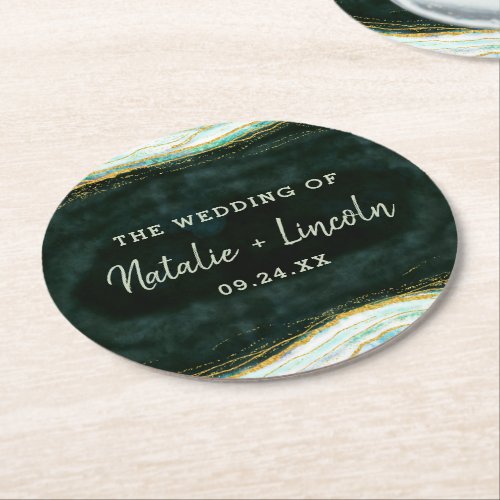 Teal Green  Gold Agate Marble Geode Monogram Round Paper Coaster