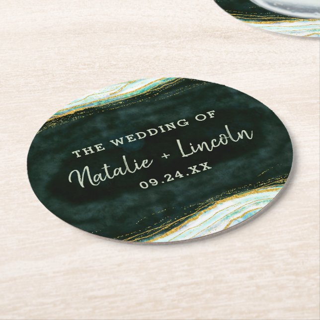 Teal Green & Gold Agate Marble Geode Monogram Round Paper Coaster (Angled)