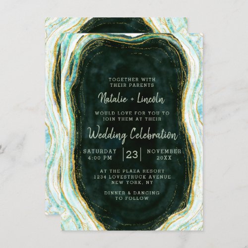 Teal Green  Gold Agate Marble Geode Rock Wedding Invitation