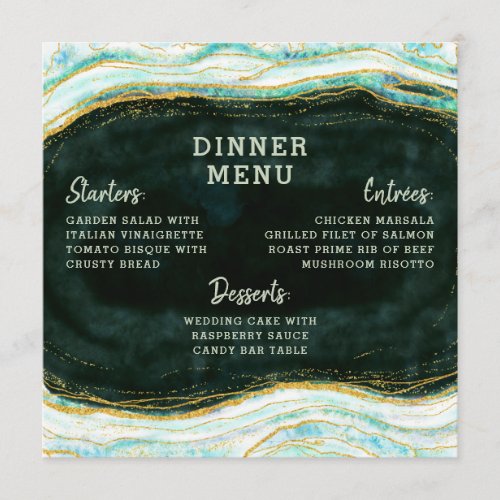 Teal Green  Gold Agate Marble Geode Square Dinner Menu