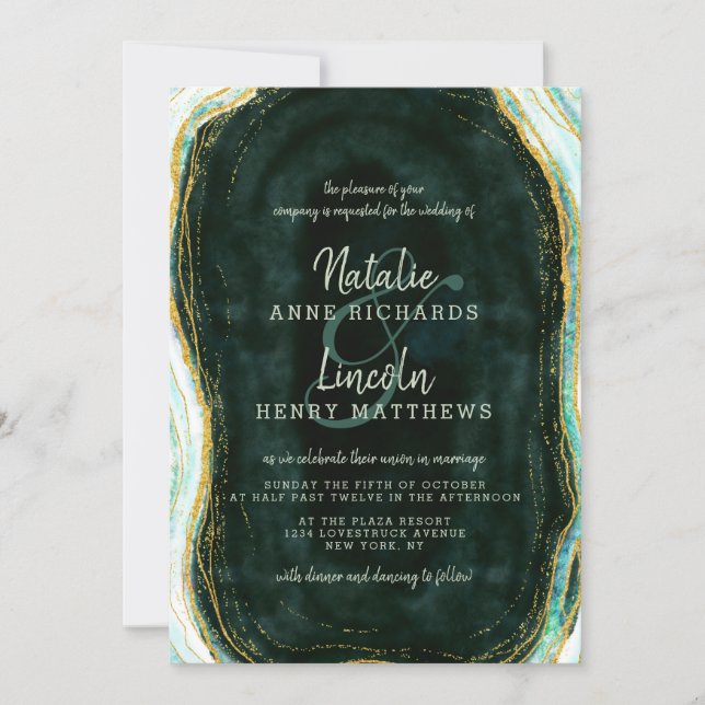 Teal Green & Gold Agate Marble Geode Stone Wedding Invitation (Front)