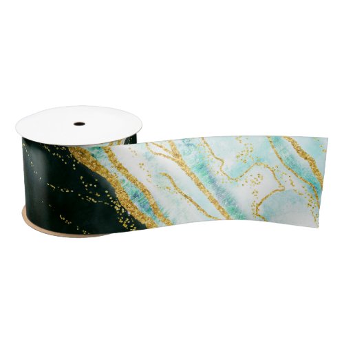 Teal Green  Gold Agate Marble Geode Stone Wedding Satin Ribbon