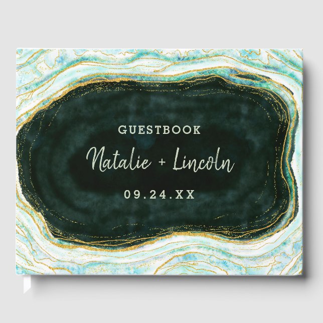 Teal Green & Gold Agate Marble Geode Wedding Guest Book (Front)