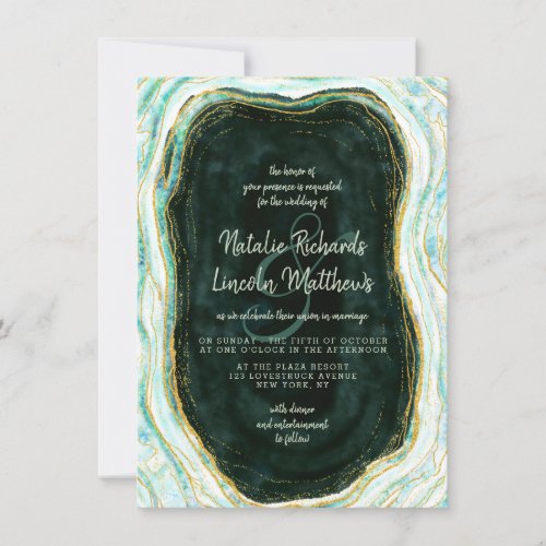Teal Green  Gold Agate Marble Geode Wedding Invitation