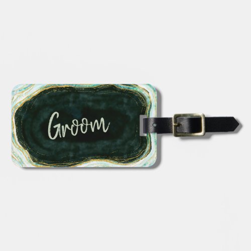 Teal Green  Gold Agate Marble Groom Travel Luggage Tag