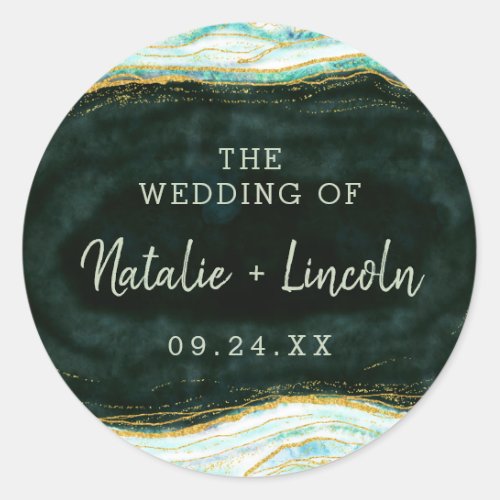 Teal Green  Gold Agate Marble Monogram Wedding Classic Round Sticker