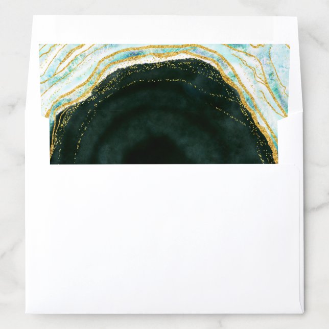 Teal Green & Gold Agate Marble Monogram Wedding Envelope Liner (In Envelope)