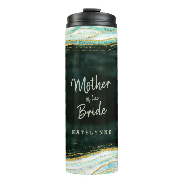 Teal Green & Gold Agate Marble Mother of the Bride Thermal Tumbler (Front)