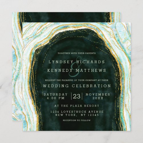 Teal Green  Gold Agate Marble Rock Wedding Square Invitation