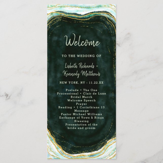 Teal Green & Gold Agate Marble Wedding Ceremony Program (Front)
