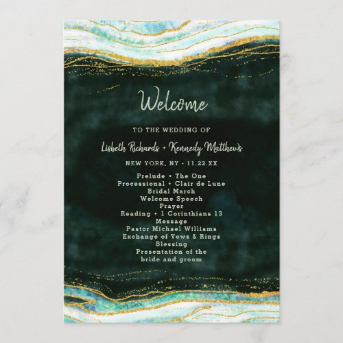 Teal Green  Gold Agate Marble Wedding Ceremony Program
