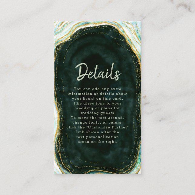 Teal Green & Gold Agate Marble Wedding Details Enclosure Card (Front)