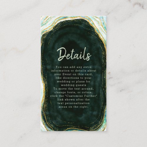 Teal Green  Gold Agate Marble Wedding Details Enclosure Card