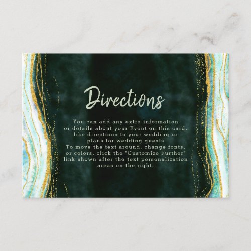 Teal Green  Gold Agate Marble Wedding Directions Enclosure Card