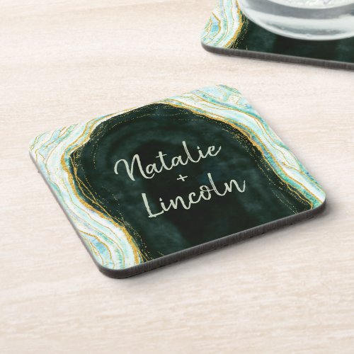 Teal Green  Gold Agate Marble Wedding Monogram Beverage Coaster