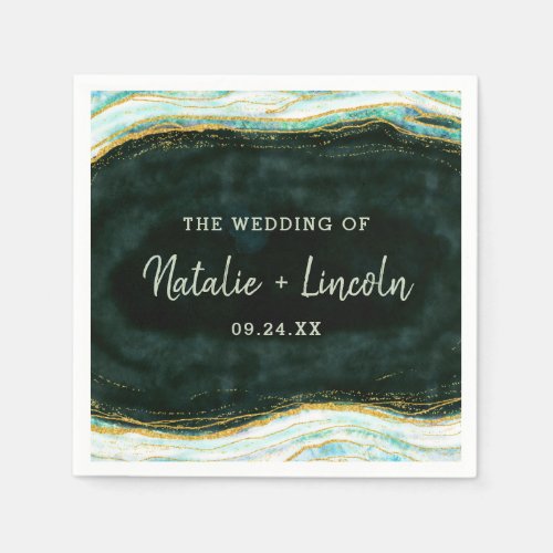 Teal Green  Gold Agate Marble Wedding Monogram Napkins