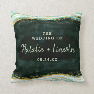Teal Green & Gold Agate Marble Wedding Monogram Throw Pillow