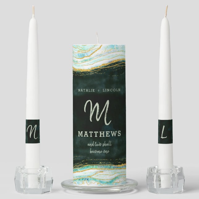 Teal Green & Gold Agate Marble Wedding Monogram Unity Candle Set (Front)