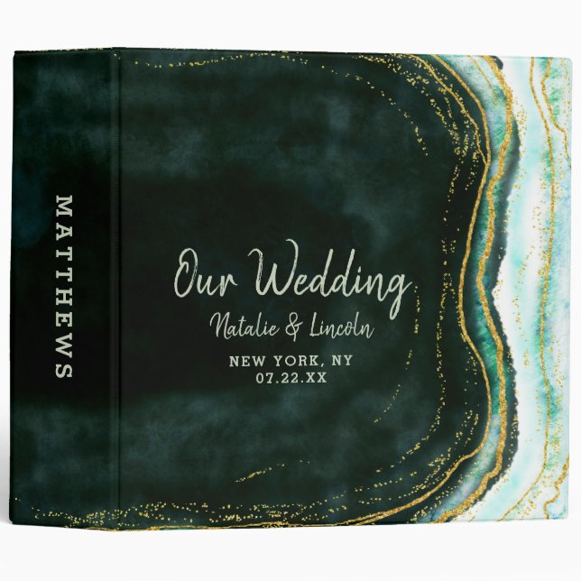 Teal Green & Gold Agate Marble Wedding Photo Album 3 Ring Binder (Front/Spine)