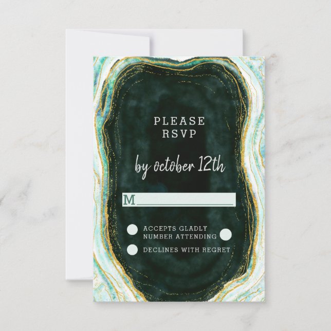 Teal Green & Gold Agate Marble Wedding RSVP Reply (Front)