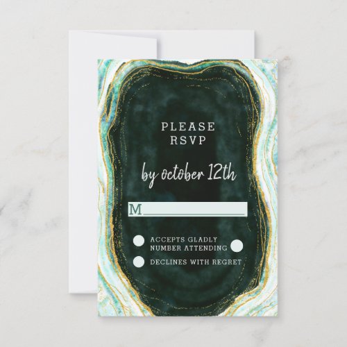 Teal Green  Gold Agate Marble Wedding RSVP Reply