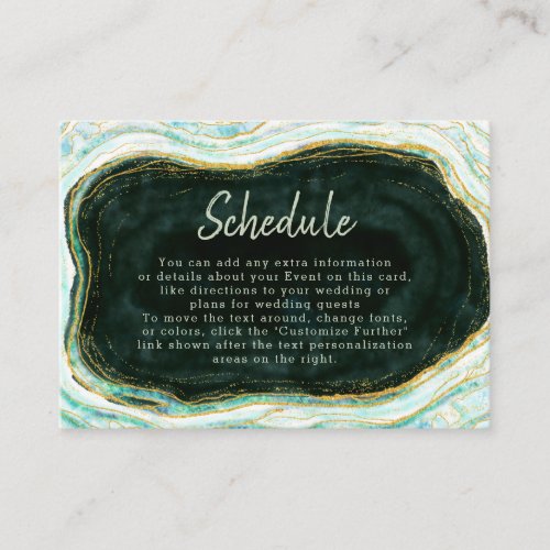 Teal Green  Gold Agate Marble Wedding Schedule Enclosure Card