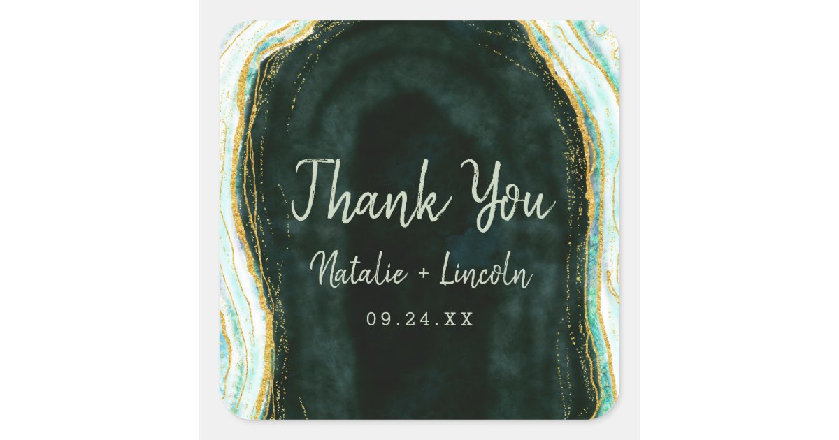 Teal Green & Gold Agate Marble Wedding Thank You Square Sticker | Zazzle
