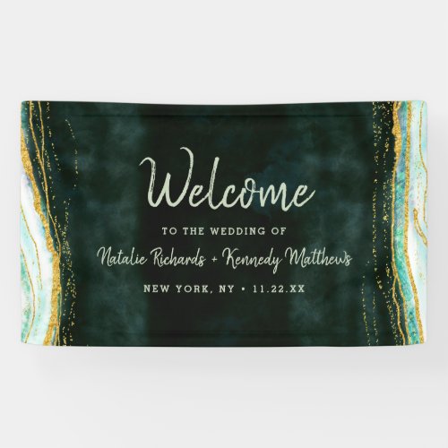 Teal Green  Gold Agate Marble Wedding Welcome Banner