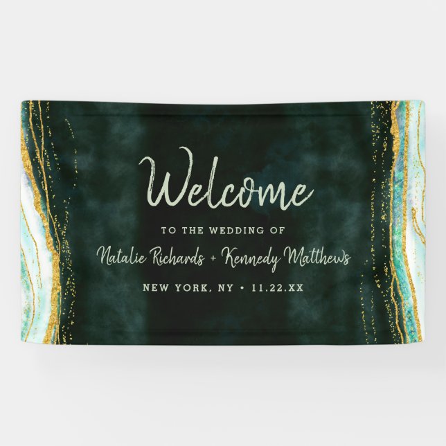 Teal Green & Gold Agate Marble Wedding Welcome Banner (Horizontal)
