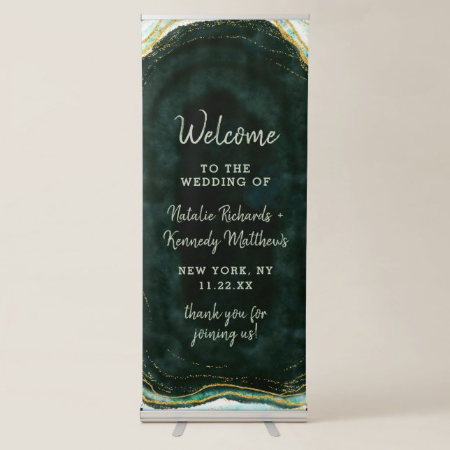 Teal Green & Gold Agate Marble Wedding Welcome Retractable Banner (Front)
