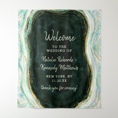 Teal Green  Gold Agate Marble Wedding Welcome Tapestry