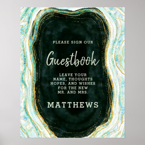 Teal Green  Gold Agate Monogram Guestbook Sign