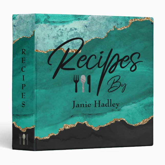 Teal Green Gold Agate Recipe 3 Ring Binder (Front/Spine)