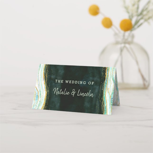 Teal Green & Gold Agate Reserved Seating Wedding Place Card (Back)