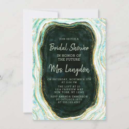 Teal Green  Gold Agate Rock Wedding Bridal Shower Invitation