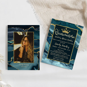 Teal Green Gold Agate Spanish Quinceañera Photo Invitation