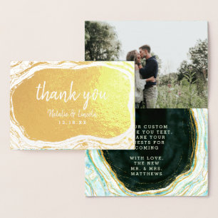 Teal Green & Gold Agate Thank You Wedding Photo Foil Card