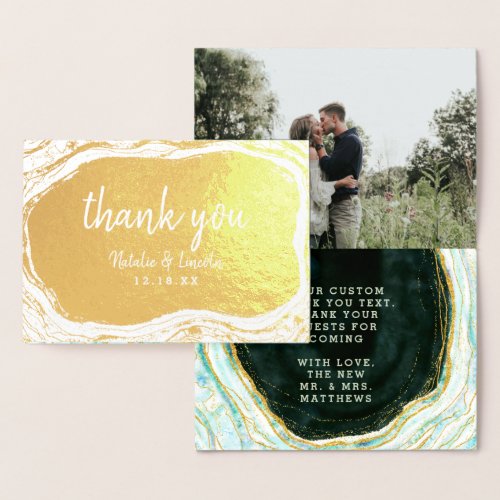 Teal Green  Gold Agate Thank You Wedding Photo Foil Card
