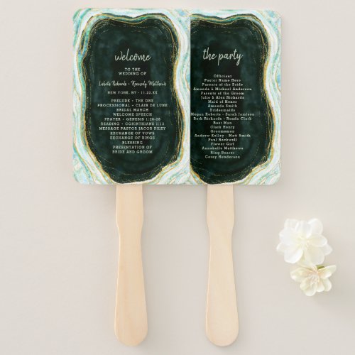 Teal Green  Gold Agate Wedding Ceremony Program Hand Fan